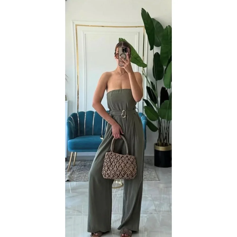 Zara Strapless bandeau linen Blend Jumpsuit Olive Green NEW Belted Leg large